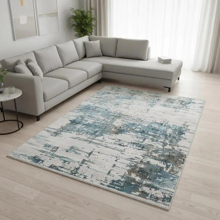 Ivory Gray And Brown Abstract Area Rug With Fringe Photo 1