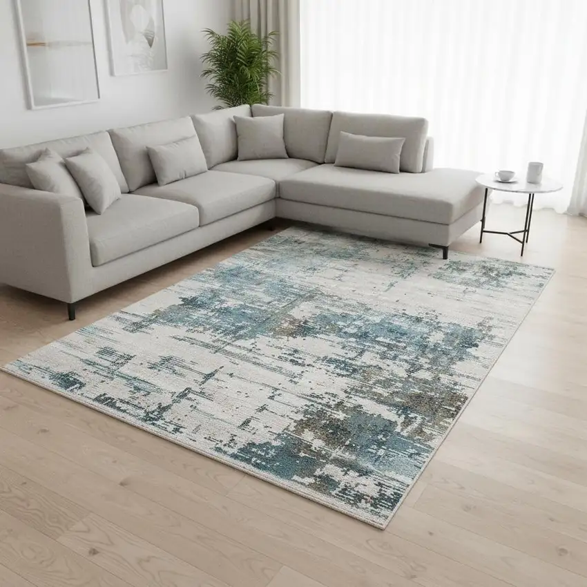 Ivory Gray And Brown Abstract Area Rug With Fringe Photo 1
