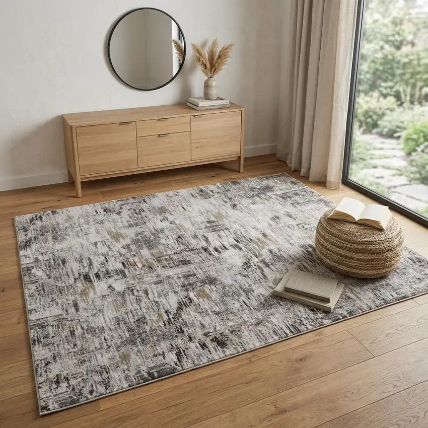 Gray Ivory And Brown Abstract Distressed Area Rug Photo 1