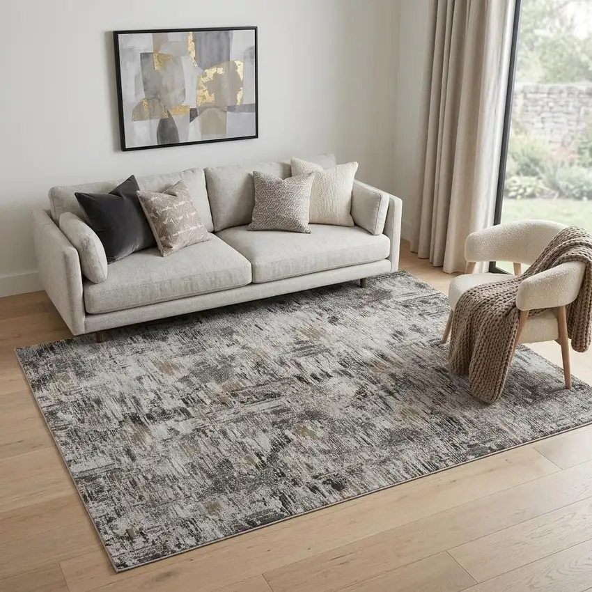 Gray Ivory And Brown Abstract Distressed Area Rug Photo 1