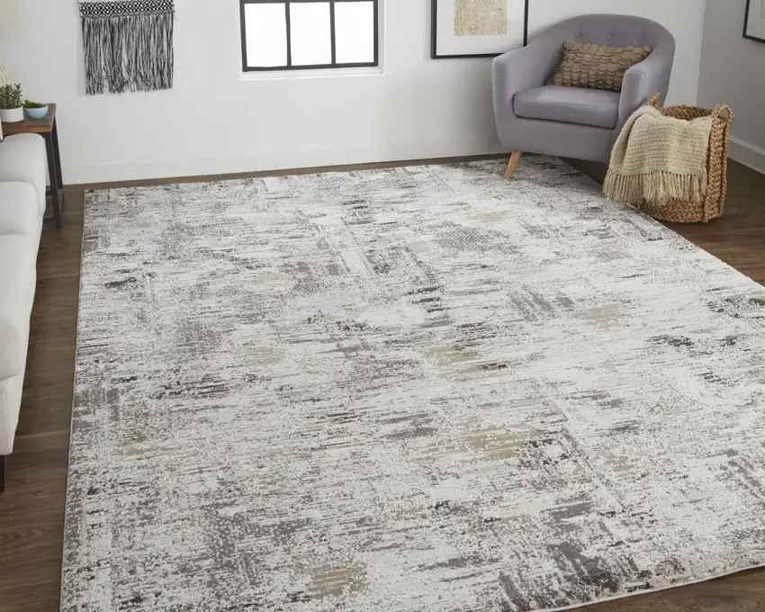Ivory Gray And Brown Abstract Power Loom Distressed Stain Resistant Area Rug Photo 6