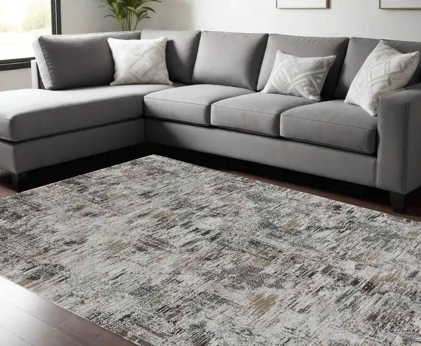 Gray and Ivory Abstract Power Loom Distressed Area Rug Photo 1