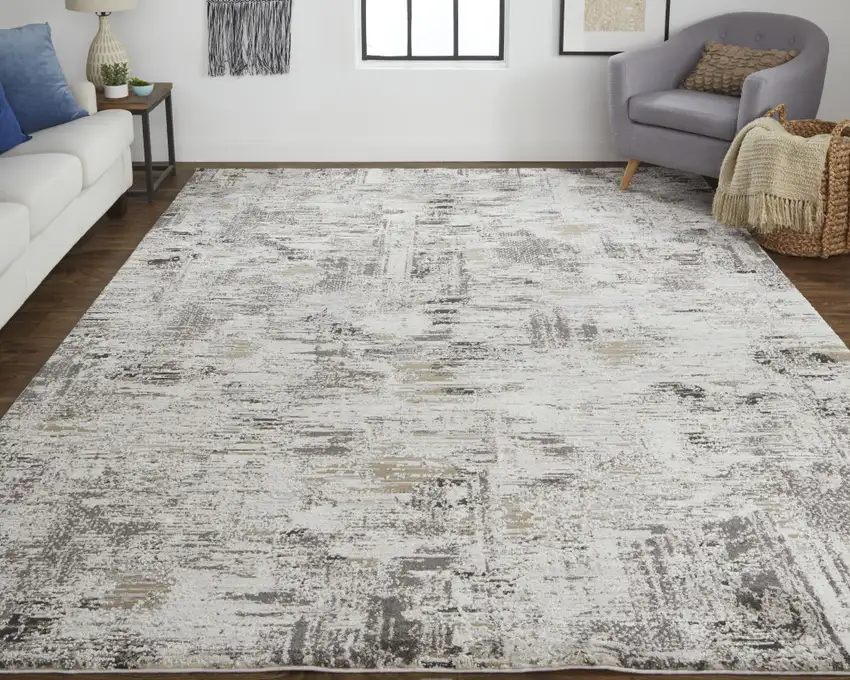 Ivory Gray And Brown Abstract Power Loom Distressed Stain Resistant Area Rug Photo 5