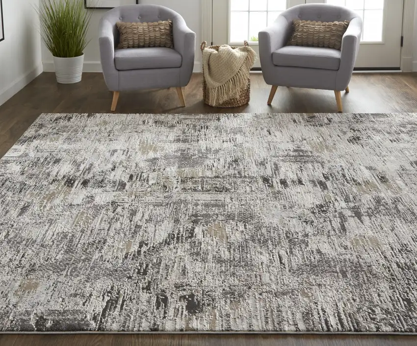 Ivory Gray And Brown Abstract Power Loom Distressed Stain Resistant Area Rug Photo 7