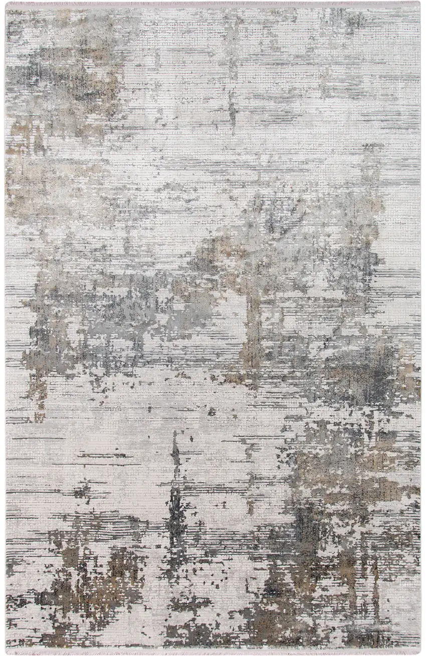 Ivory Gray And Brown Abstract Runner Rug With Fringe Photo 7