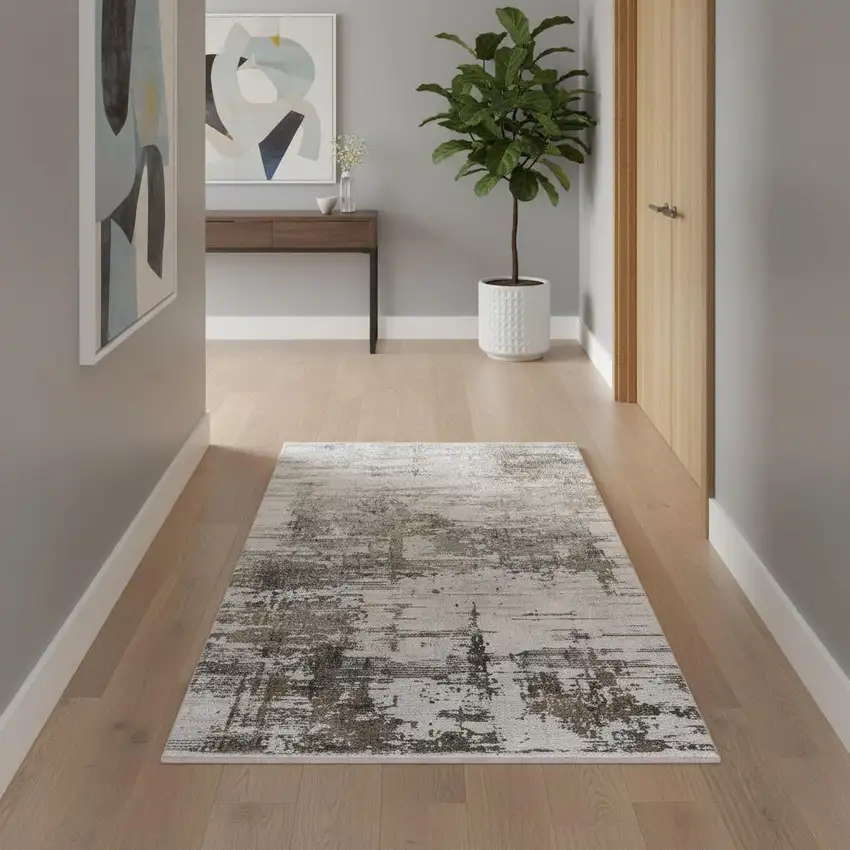 Ivory Gray And Brown Abstract Runner Rug With Fringe Photo 1