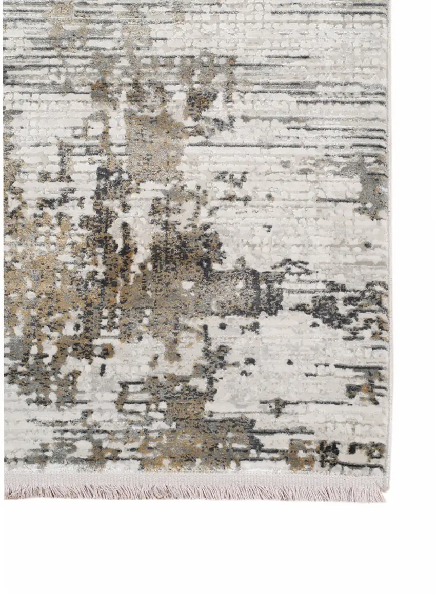 Ivory Gray And Brown Abstract Runner Rug With Fringe Photo 2