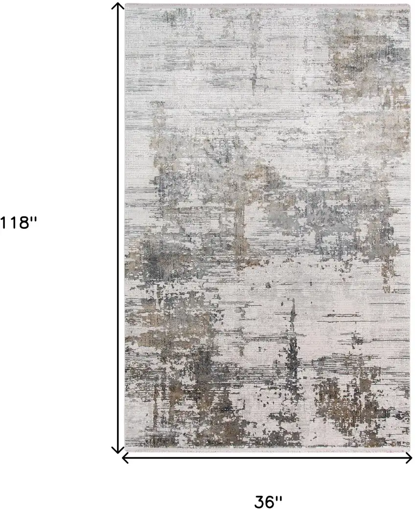 Ivory Gray And Brown Abstract Runner Rug With Fringe Photo 3