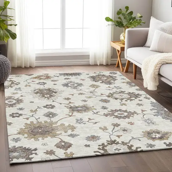 Ivory Gray And Brown Floral Medallion Washable Area Rug With UV Protection Photo 4