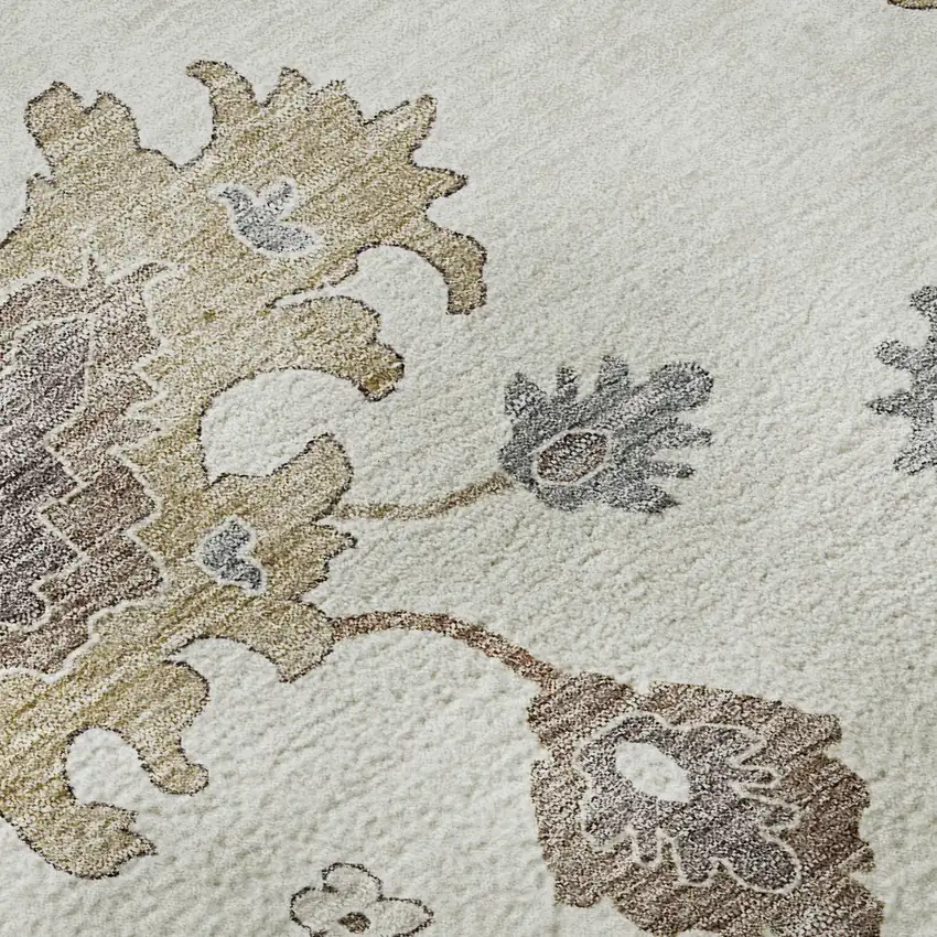 Ivory Gray And Brown Floral Medallion Washable Area Rug With UV Protection Photo 9