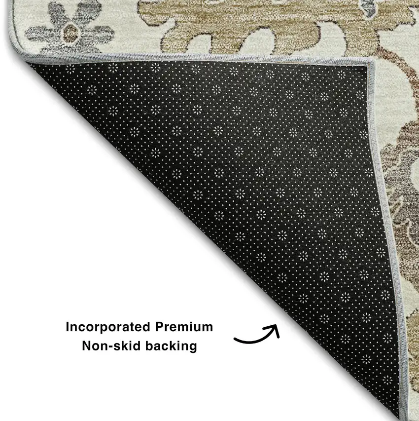 Ivory Gray And Brown Floral Medallion Washable Area Rug With UV Protection Photo 6