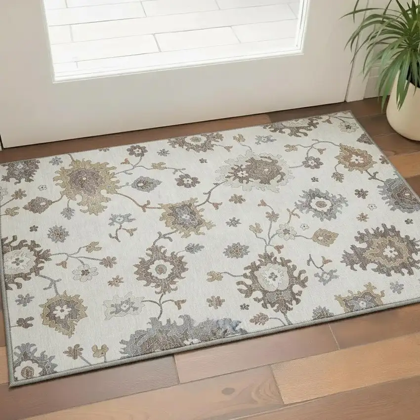 Ivory Gray And Brown Floral Medallion Washable Area Rug With UV Protection Photo 2