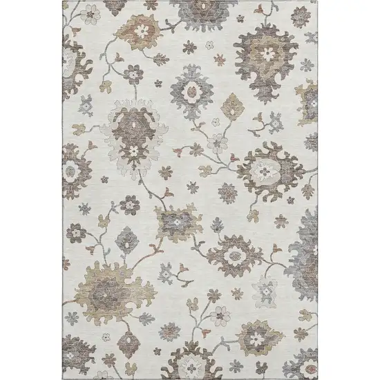 Ivory Gray And Brown Floral Medallion Washable Area Rug With UV Protection Photo 1