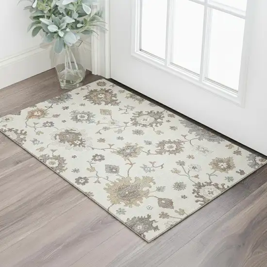 Ivory Gray And Brown Floral Medallion Washable Area Rug With UV Protection Photo 1