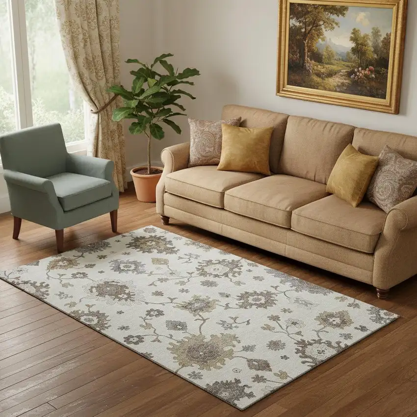 Ivory Gray And Brown Floral Medallion Washable Area Rug With UV Protection Photo 1