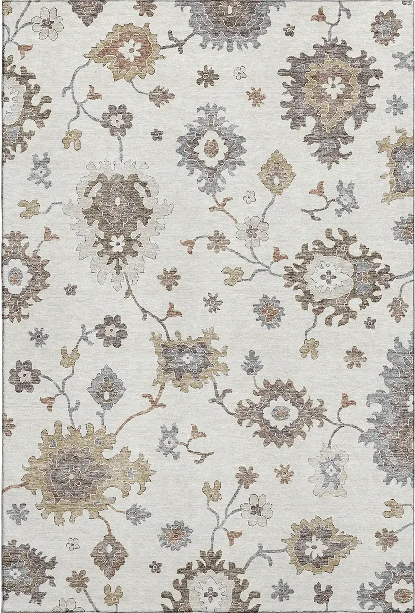 Ivory Gray And Brown Floral Medallion Washable Area Rug With UV Protection Photo 1