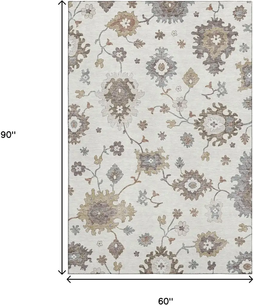 Ivory Gray And Brown Floral Medallion Washable Area Rug With UV Protection Photo 3