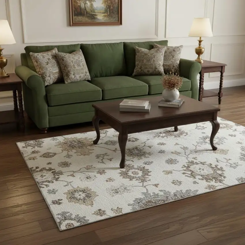 Ivory Gray And Brown Floral Medallion Washable Area Rug With UV Protection Photo 2