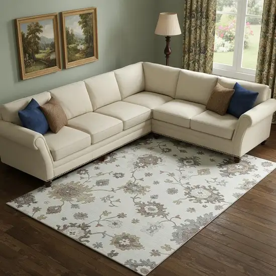 Ivory Gray And Brown Floral Medallion Washable Area Rug With UV Protection Photo 1