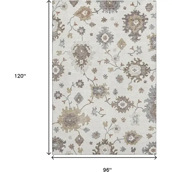 Ivory Gray And Brown Floral Medallion Washable Area Rug With UV Protection Photo 3