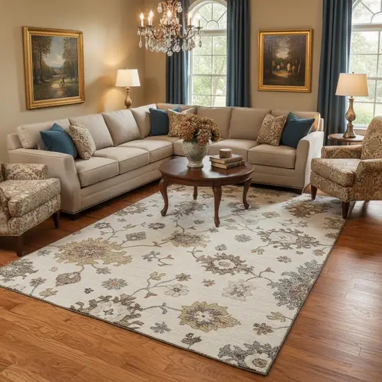 Ivory Gray And Brown Floral Medallion Washable Area Rug With UV Protection Photo 2