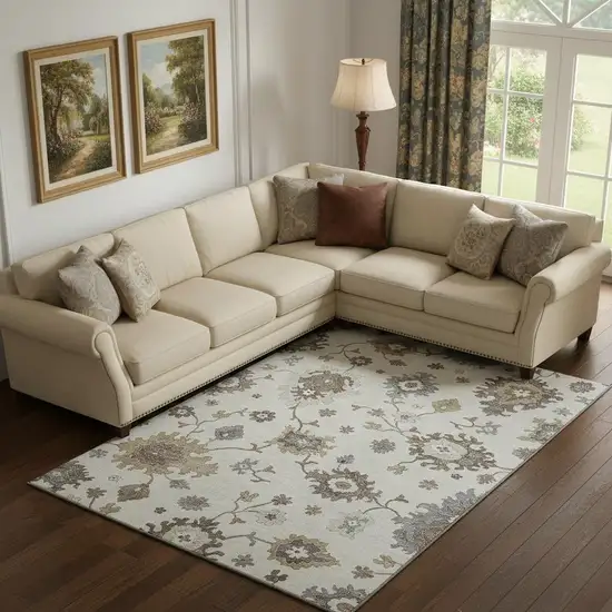 Ivory Gray And Brown Floral Medallion Washable Area Rug With UV Protection Photo 1