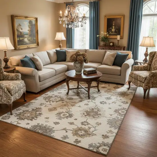 Ivory Gray And Brown Floral Medallion Washable Area Rug With UV Protection Photo 2