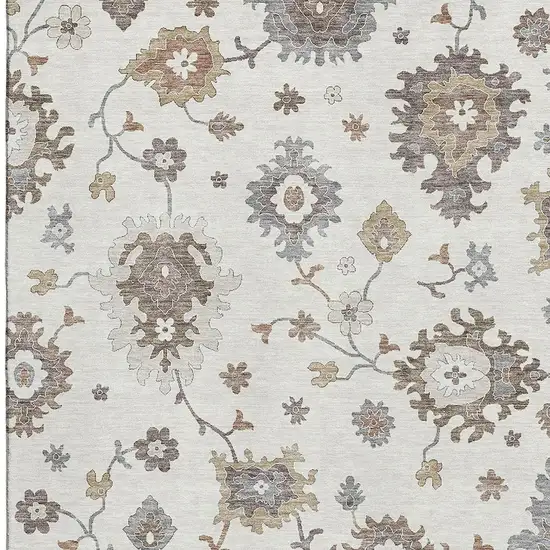 Ivory Gray And Brown Floral Medallion Washable Area Rug With UV Protection Photo 3