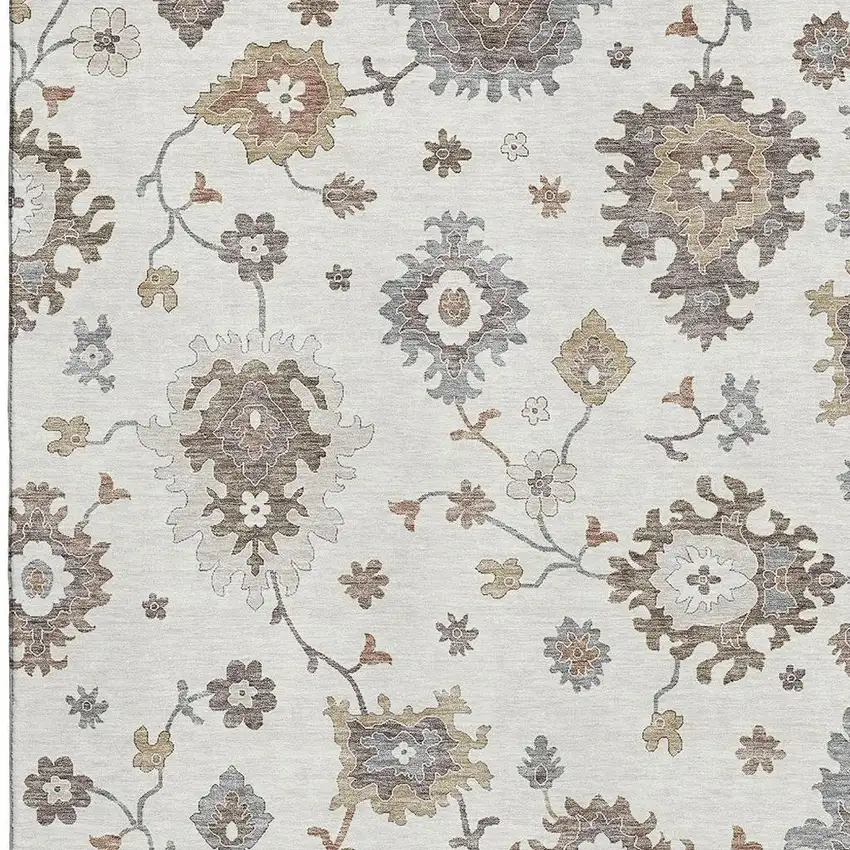 Ivory Gray And Brown Floral Medallion Washable Area Rug With UV Protection Photo 3