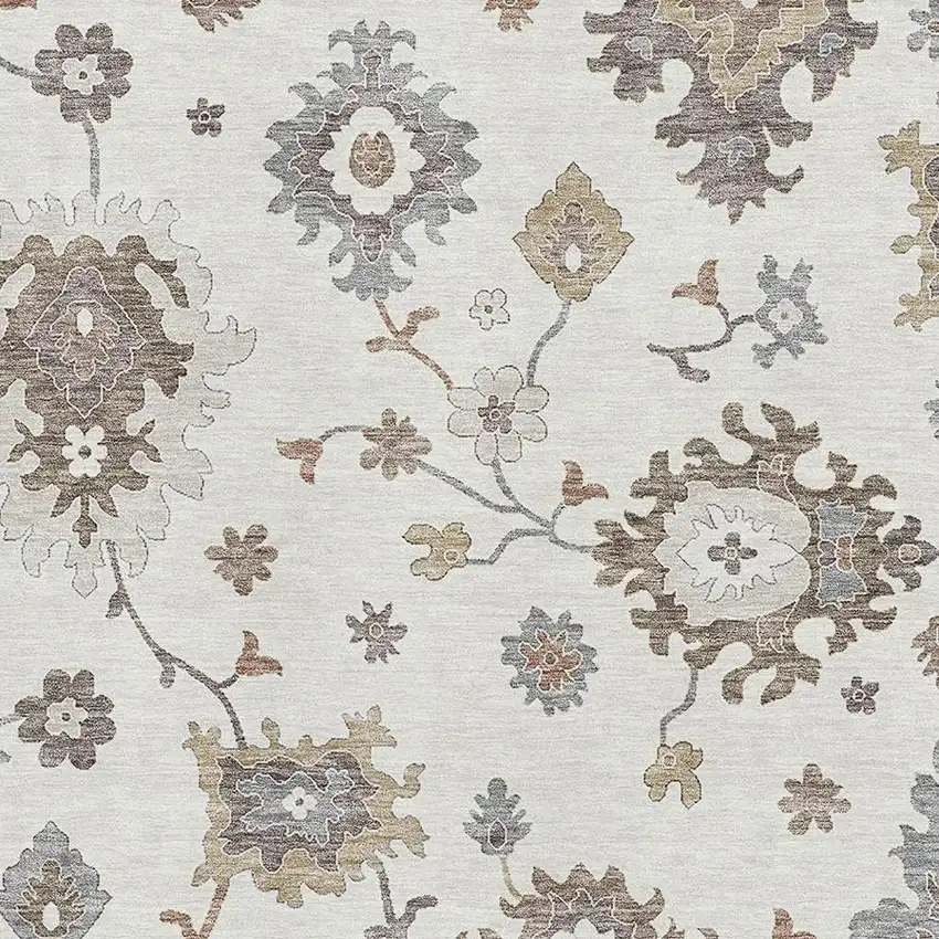 Ivory Gray And Brown Floral Medallion Washable Area Rug With UV Protection Photo 3