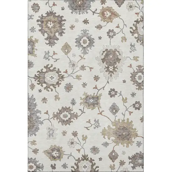 Ivory Gray And Brown Floral Medallion Washable Area Rug With UV Protection Photo 4