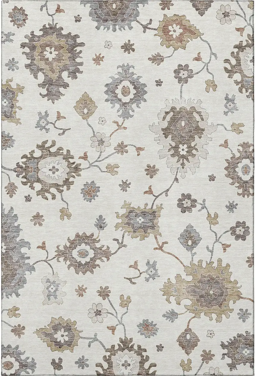 Ivory Gray And Brown Floral Medallion Washable Area Rug With UV Protection Photo 4