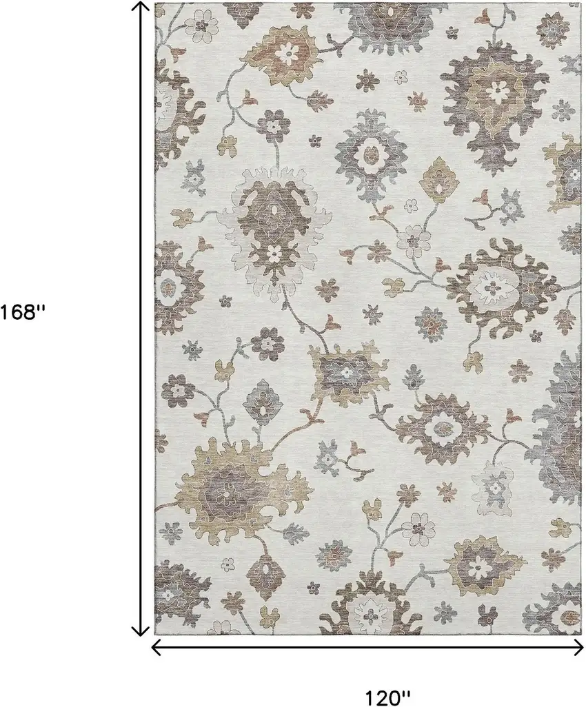 Ivory Gray And Brown Floral Medallion Washable Area Rug With UV Protection Photo 3