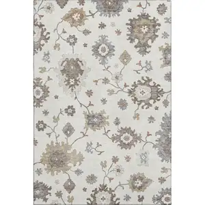 Photo of Ivory Gray And Brown Floral Medallion Washable Area Rug With UV Protection