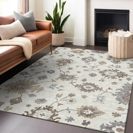 Ivory Gray And Brown Floral Medallion Washable Area Rug With UV Protection Photo 6