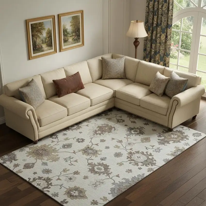 Ivory Gray And Brown Floral Medallion Washable Area Rug With UV Protection Photo 1
