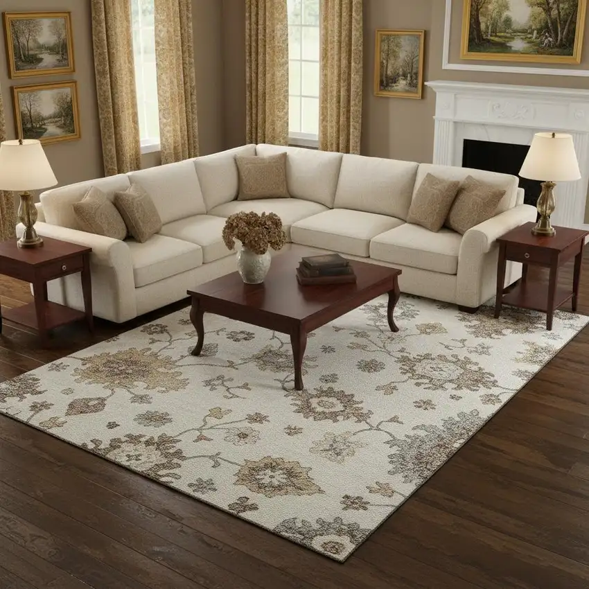 Ivory Gray And Brown Floral Medallion Washable Area Rug With UV Protection Photo 2