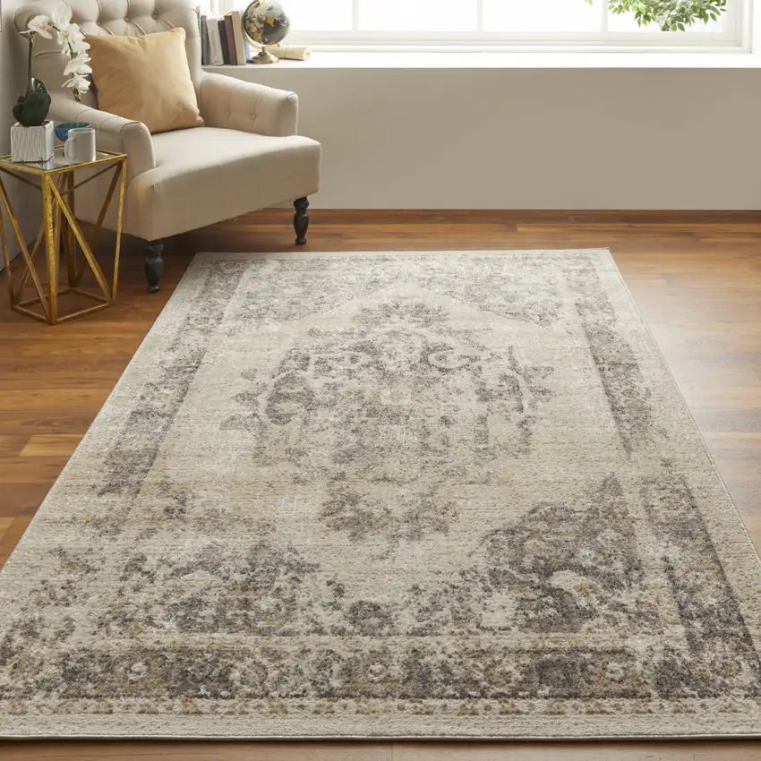 Ivory Gray And Brown Floral Power Loom Distressed Area Rug Photo 6