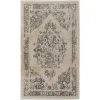 Photo of Ivory Gray And Brown Floral Power Loom Distressed Area Rug