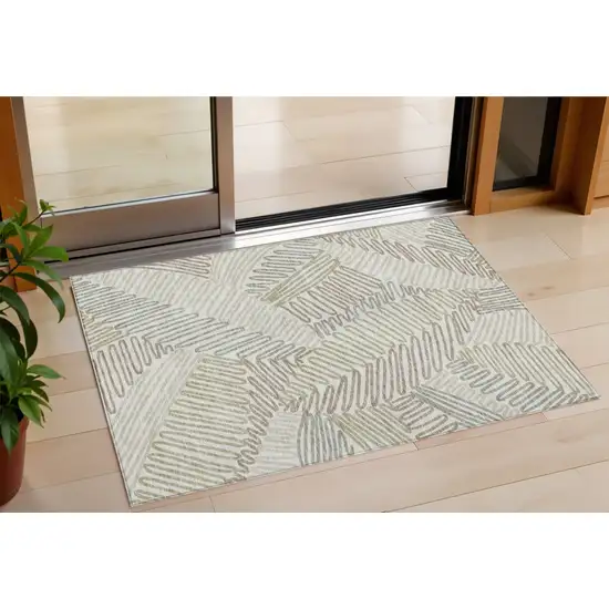 Ivory Gray And Brown Floral Washable Indoor Outdoor Area Rug Photo 1