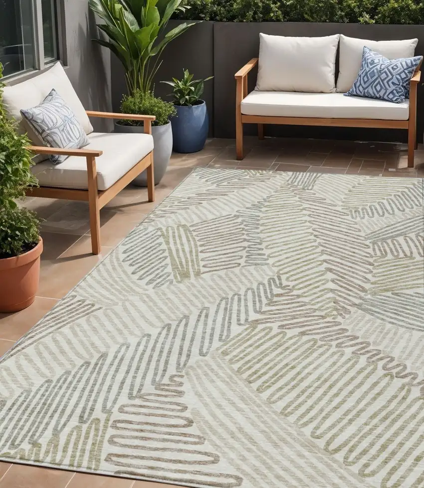 Ivory Gray And Brown Floral Washable Indoor Outdoor Area Rug Photo 1