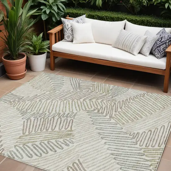 Ivory Gray And Brown Floral Washable Indoor Outdoor Area Rug Photo 1