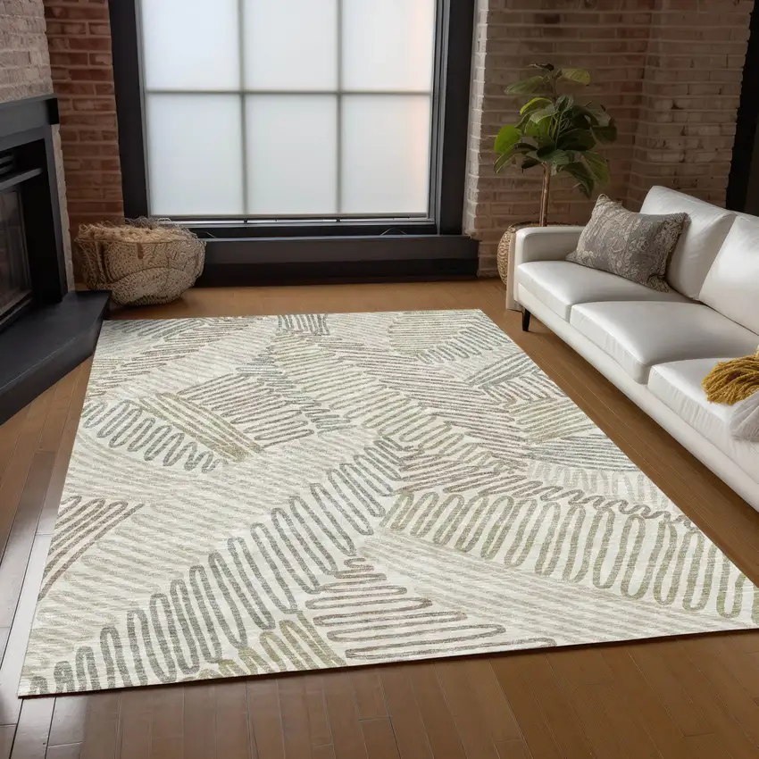 Ivory Gray And Brown Floral Washable Indoor Outdoor Area Rug Photo 8