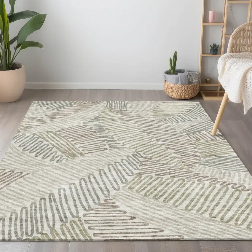 Ivory Gray And Brown Floral Washable Indoor Outdoor Area Rug Photo 7
