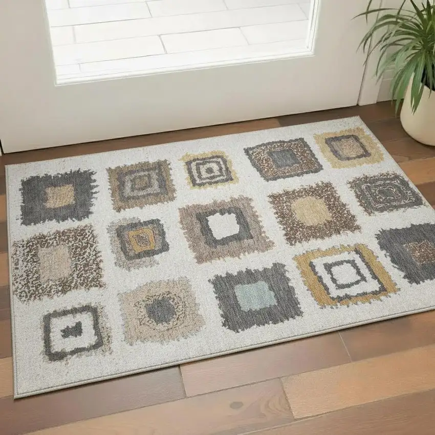 Ivory Gray And Brown Geometric Washable Area Rug With UV Protection Photo 2