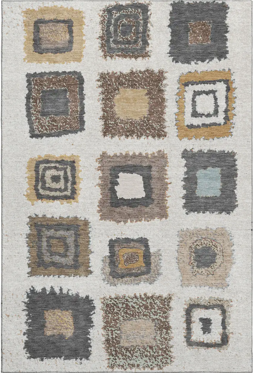 Ivory Gray And Brown Geometric Washable Area Rug With UV Protection Photo 1