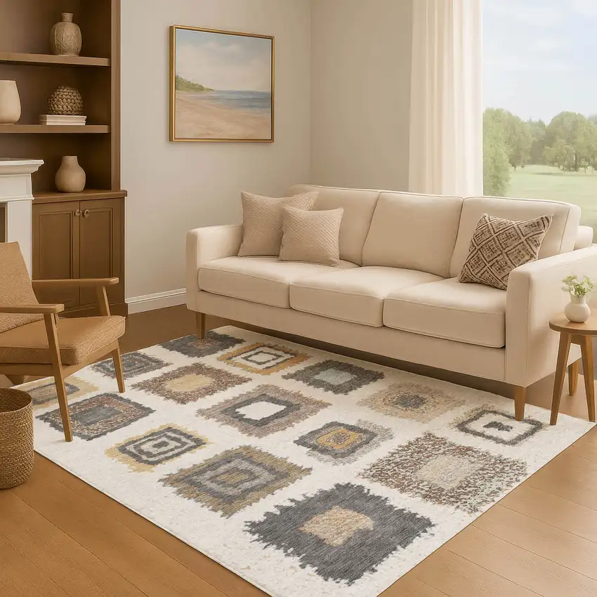Ivory Gray And Brown Geometric Washable Area Rug With UV Protection Photo 6