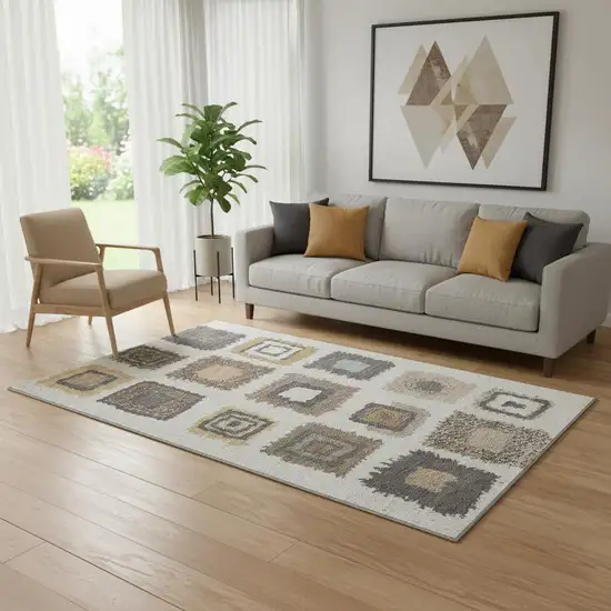 Ivory Gray And Brown Geometric Washable Area Rug With UV Protection Photo 2