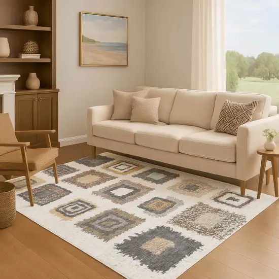Ivory Gray And Brown Geometric Washable Area Rug With UV Protection Photo 6
