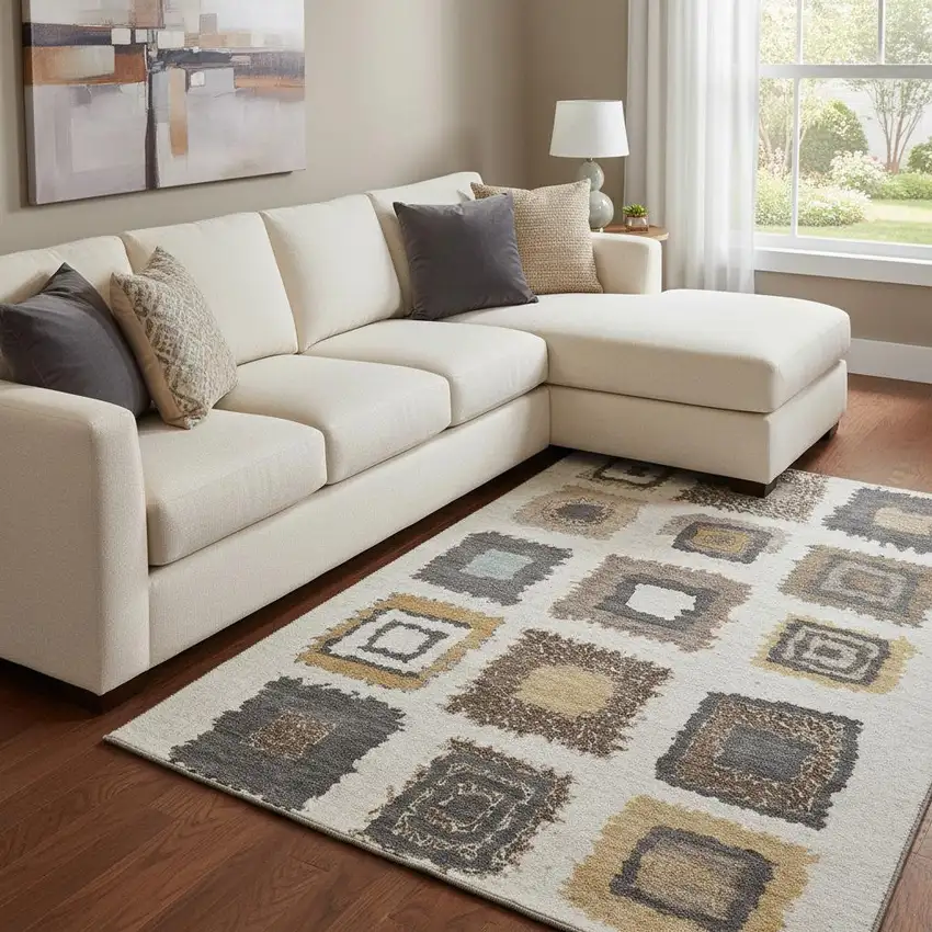 Ivory Gray And Brown Geometric Washable Area Rug With UV Protection Photo 2